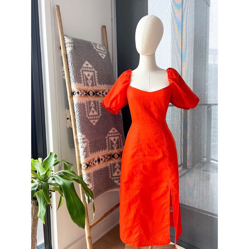 Banana Republic Orange Short Puff Sleeves Linen Blend Midi Dress Women’s Size 0